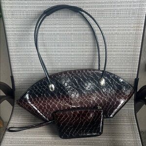 Black and Brown Women's Shoulder Bag Set Faux Cocodrile leather. Purse+Wallet